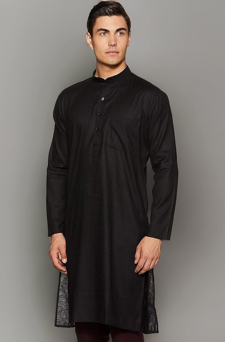 COTTON LINEN BLENDED LONG KURTA - BLACK