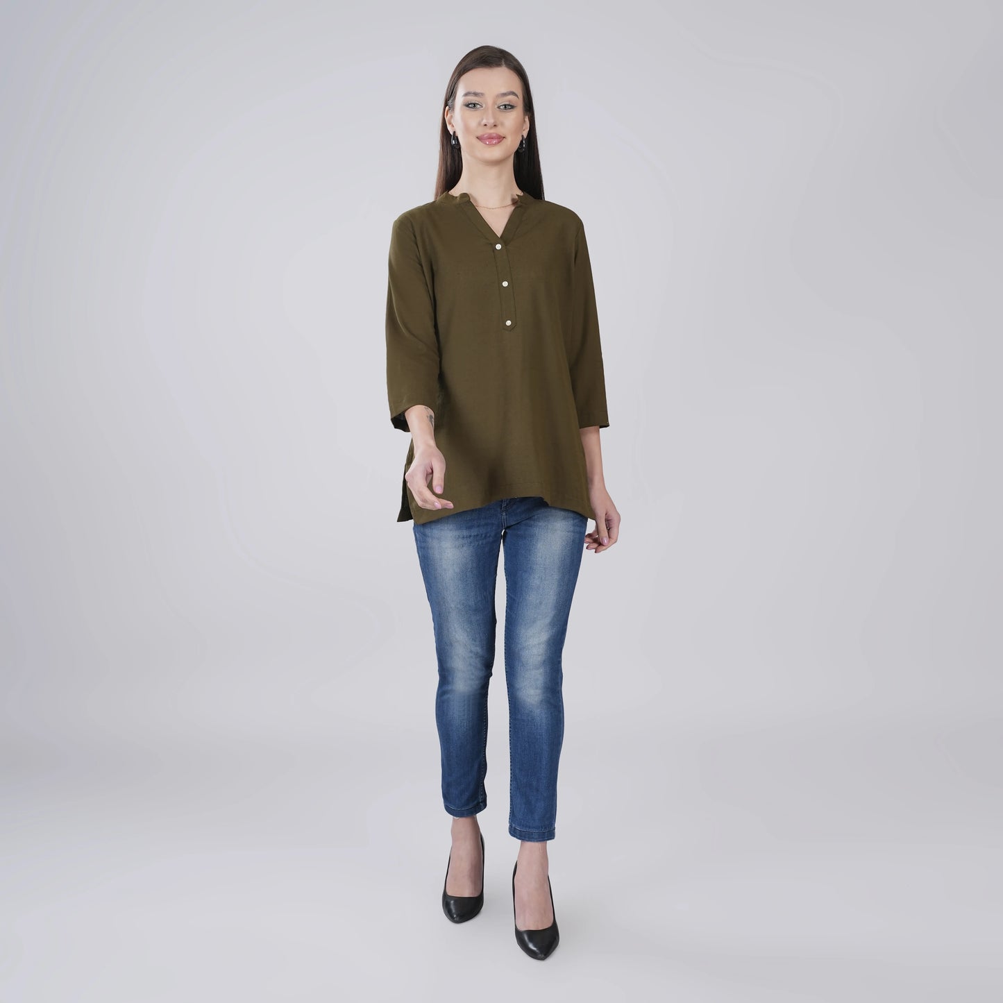 OLIVE GREEN LINEN SHORT KURTA