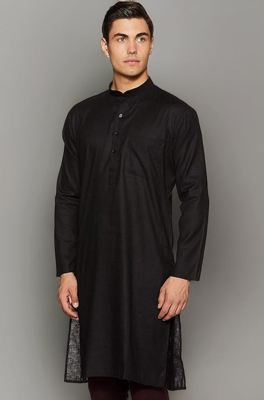 COTTON LINEN BLENDED LONG KURTA - BLACK