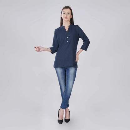 NAVY BLUE LINEN SHORT KURTA