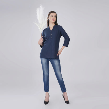 NAVY BLUE LINEN SHORT KURTA