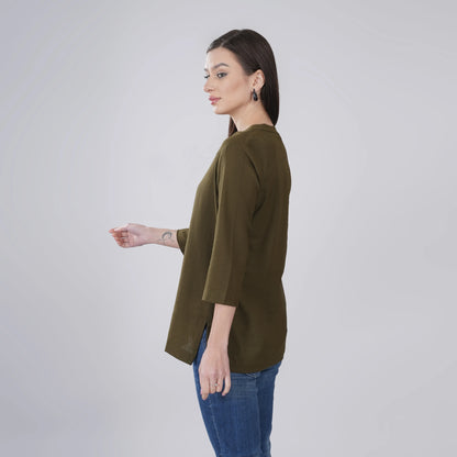 OLIVE GREEN LINEN SHORT KURTA