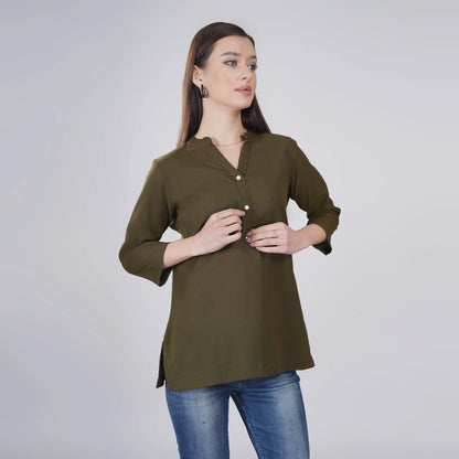 OLIVE GREEN LINEN SHORT KURTA