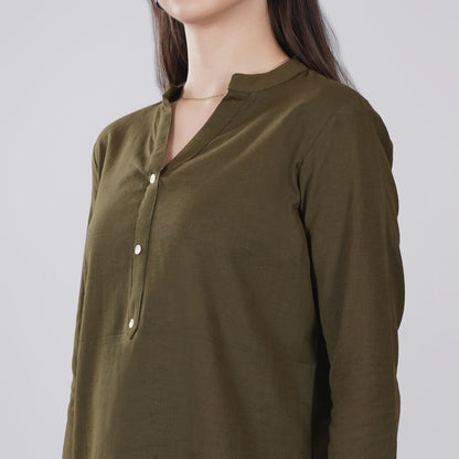 OLIVE GREEN LINEN SHORT KURTA