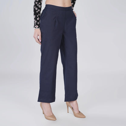 Navy Blue Wide Leg Cotton Pant