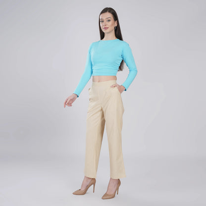 Beige Wide Leg Cotton Pant