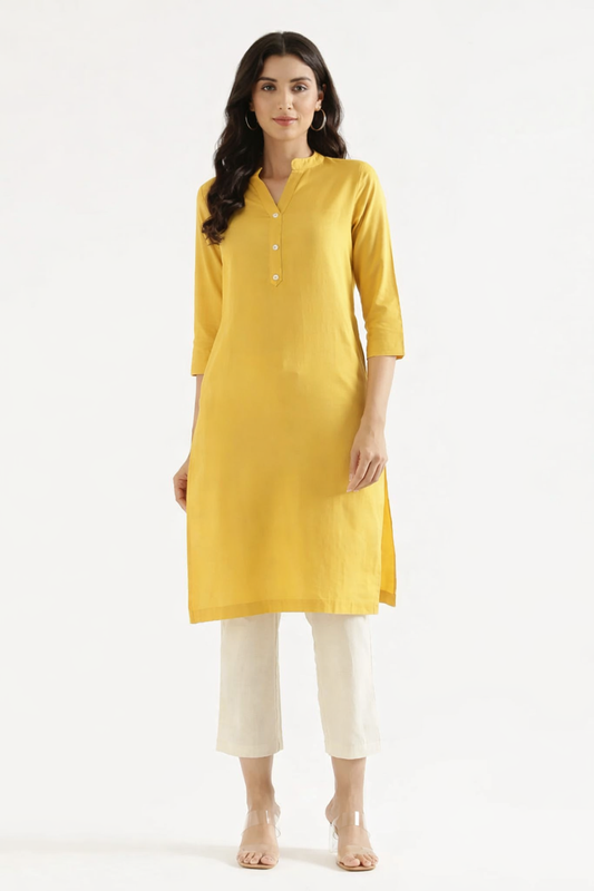 YELLOW LINEN LONG KURTA