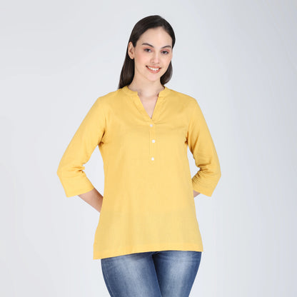 YELLOW LINEN SHORT KURTA