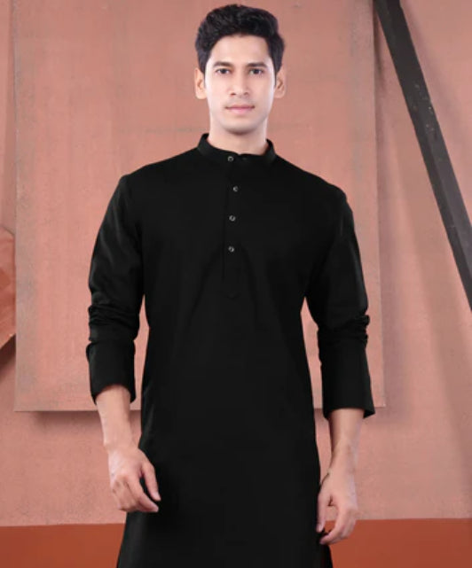 COTTON LINEN BLENDED LONG KURTA - BLACK