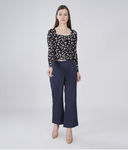 Navy Blue Wide Leg Cotton Pant