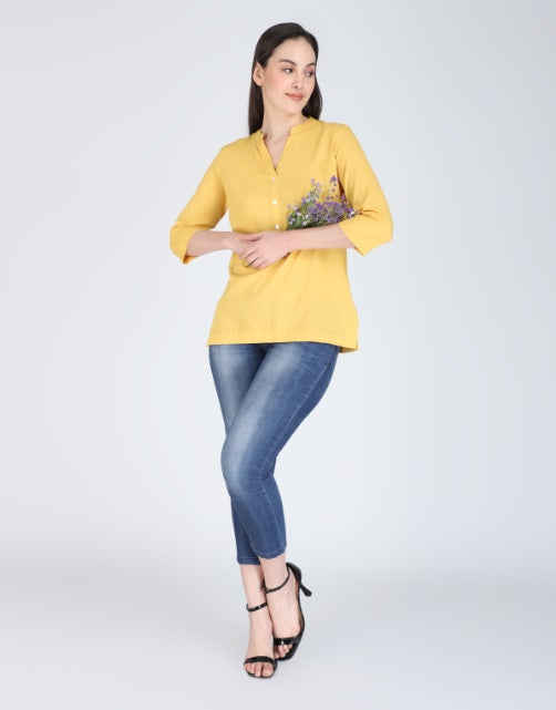 YELLOW LINEN SHORT KURTA